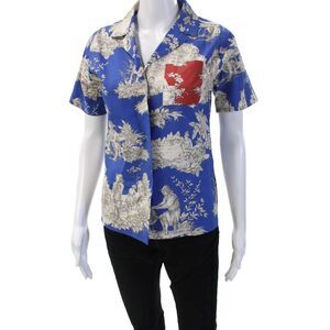 Muze Womens Collared Graphic Cotton Button Up Top Blue Short Sleeve Size M
